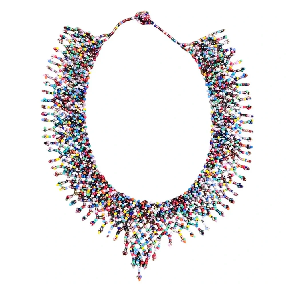 Vtg Handmade Multicolored Seed Bead‎ Fringe Collar Bib Statement Necklace Boho